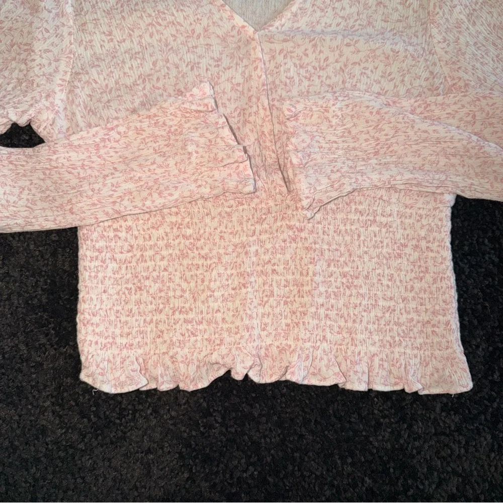 Paper Crane Pink Smocked Crop Top V-Neck Long Sleeve Peplum - Size S - Picture 4 of 8